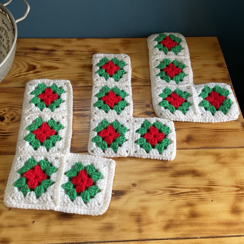 Vintage Crochet Red, White & Green Granny Square Christmas Stocking Set Of 3
